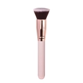 Detailed macro view of soft flat top blush brush with rose gold ferrule and pink handle - Flat Contour Brush - Pink Handle (Concave Ferrule)
