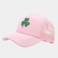 Detail of pink mesh baseball cap featuring green clover print and breathable net texture - Solid Pink