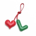 Handmade leather bag charm featuring a red heart and green letter L with fine stitching - Green L with Red Heart