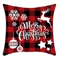 Red and black plaid Christmas pillowcase featuring a white reindeer and Merry Christmas print - Red Black Plaid Elk Snowflake