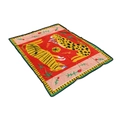 Detail of red flannel blanket featuring tiger leopard print and Big Cats Don't Cry text - Red Tiger Leopard Illustration
