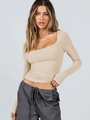 Slim fit long sleeve knit top with square neckline in light beige ribbed fabric - S / Apricot