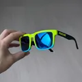 Macro side view of matte black sunglasses temples with relief logo and gradient frame details - Gradient Aqua-Blue / Mirrored Blue Lens