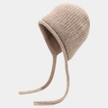 Oatmeal wool-blend knit earflap hat with vertical ribbing and long braided ties - One Size / Khaki