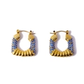 Golden square C-shaped earrings with micro-set blue zircon stones and striped metal texture - Gold/Blue Zirconia