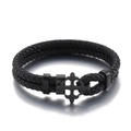 Men's double-layer black braided leather bracelet with a black cross metal clasp - Black (KB144041-KFC)