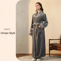 Unisex grey thick flannel bathrobe with shawl collar and decorative white piping details - M / Grey (Women)