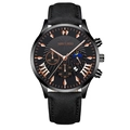 Men's multi-function watch with black leather strap, rose gold markers and date window - Black Dial Rose Gold Hands Black Case
