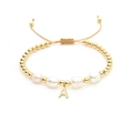 Baroque natural pearl bracelet with 18K gold beads and letter A charm on adjustable cord - Letter A
