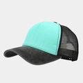 Side view of washed canvas trucker hat with mint green fabric and black mesh panel - Lake Blue