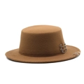 Detail of brown wool fedora featuring silver metal rings and safety pins accessories - M(56-58cm) / Khaki