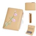 Cartera corta beige con bordado de flores, cremallera y diseño de tres pliegues - Amarillo