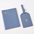 Blue PU leather passport cover and luggage tag set with golden airplane embossed design - Light Blue Airplane