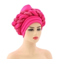 Close-up of rose red African turban hat featuring multi-layer wrap and sequin braid detail - Rose Red with Rose Red