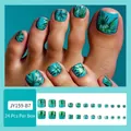 Tropical green press-on toenails with leaf patterns, set of 24 pieces in various sizes - JY159-B7 Blue Series Leaves
