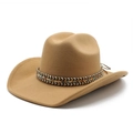 Détail d'un chapeau de cow-boy camel avec une bande tressée de style ethnique coloré - M (56-58cm) / Camel