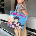 Blue canvas tote bag with anime girl illustration and pink Solene lettering detail - Long Hair Girl