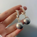 Elegant gold drop earrings with large round grey pearls and zircon crystal pavé - Gold Pavé Hoop Smoky Grey Large Pearl