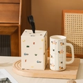 Cream ceramic puppy cake mug set with striped pattern in white gift box with handle - Apple