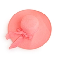 Coral pink wide brim straw sun hat with decorative ribbon bow for beach sun protection - M (56-58cm) / Pink