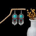 Bohemian tassel drop earrings in silver with turquoise and red beads on wooden branch - Antique Silver + Red Blue Contrast (E5861-3/Color)