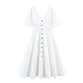 Elegant white V-neck short sleeve A-line midi dress with single-breasted buttons - XS