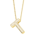 Macro detail of gold letter T pendant necklace featuring micro-pave round zircons - Gold-T