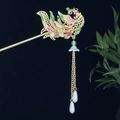 Chinesische Haarspange im Phönix Design in Gold mit Emaille und eleganten Perlenquasten - Goldenes Phönix Dekor Künstliche Perle Lange Quaste (1851)