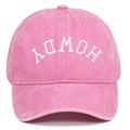 Close-up of Howdy embroidery on vintage washed pink cotton denim baseball cap - Adjustable / Pink
