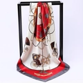 Satin square headscarf with vintage equestrian carriage print and red decorative border - Carriage Red (SD90-03-4)