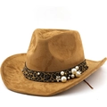 Cappello da cowboy in pelle scamosciata marrone con fascia leopardata e perle - M (56-58cm) / Cachi