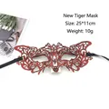 Detail view of red lace masquerade mask with black ribbons, size 25x11cm for Halloween - Tiger - Red