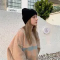 Thick double-layer angora rabbit fur knit beanie in solid black for winter warmth - M (56-58cm) / Black