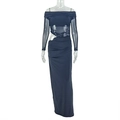Dettaglio in tessuto a rete blu navy con ritagli in vita ed eleganti maniche lunghe scoperte - S / Nero