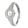 Adjustable silver watch ring with sparkling round crystal bezel and polished finish - Silver Ilaid Rhinestone Round Face (7732)