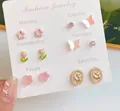 Pink floral and butterfly six-piece stud earring set in gold finish on display card - SAM2 Sweet Pink [6-Piece Set]