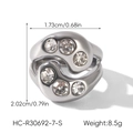 Detail view of wave-shaped silver ring with dimensions and zircon inlay features - Silver Wave Zircon Style (HC-R30692-7-S)