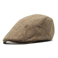 Classic brown checkered cotton linen flat cap with vintage British plaid pattern - M(56-58cm) / Khaki