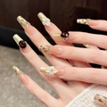 Handmade press-on nails with amber leopard print, gold glitter and 3D floral relief - XS / Extra Long Coffin Style