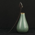 Classical sandalwood hair stick with triangular head and metal ring on ceramic vase - Triangle Top Ebony (F2023881)