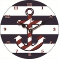 Silent round wall clock with nautical anchor design and navy blue striped wood finish - Red White Stripe Anchor