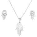 Detail of Hamsa Hand necklace and earrings set in polished stainless steel finish - Steel Color Hamsa Hand