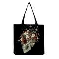 Close-up of vintage floral skull art print on black canvas tote bag showing texture - Black Background Vintage Skull Floral Butterfly (hm6656)