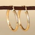 Orecchini a cerchio dorati con finitura satinata e motivi a onde esposti su un ramo - E4436 Ondulato Smerigliato / Oro