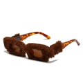 Unique square sunglasses with dark brown faux fur trim and tortoiseshell patterned temples - Brown Fur