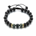 Adjustable black lava rock and green spotted stone beaded bracelet with woven cord - Green Spotted Stone Style (款式-2)