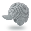 Men's grey knit earflap beanie with brim and thick vertical stripe texture - Light Gray