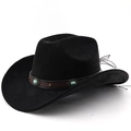 Détail d'un chapeau de cowboy avec bande en cuir marron et ornements en turquoise - M (56-58cm) / Noir