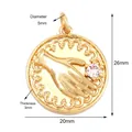 Gold plated copper Evil Eye coin pendant with white zircon and wave border, 20mm diameter - Gold Hand Holding Diamond Style (K085195K2)