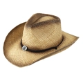 Western straw cowboy hat with wide frayed brim and sunburst metal buckle detail - One Size (58cm) / Khaki Black Rope Pattern